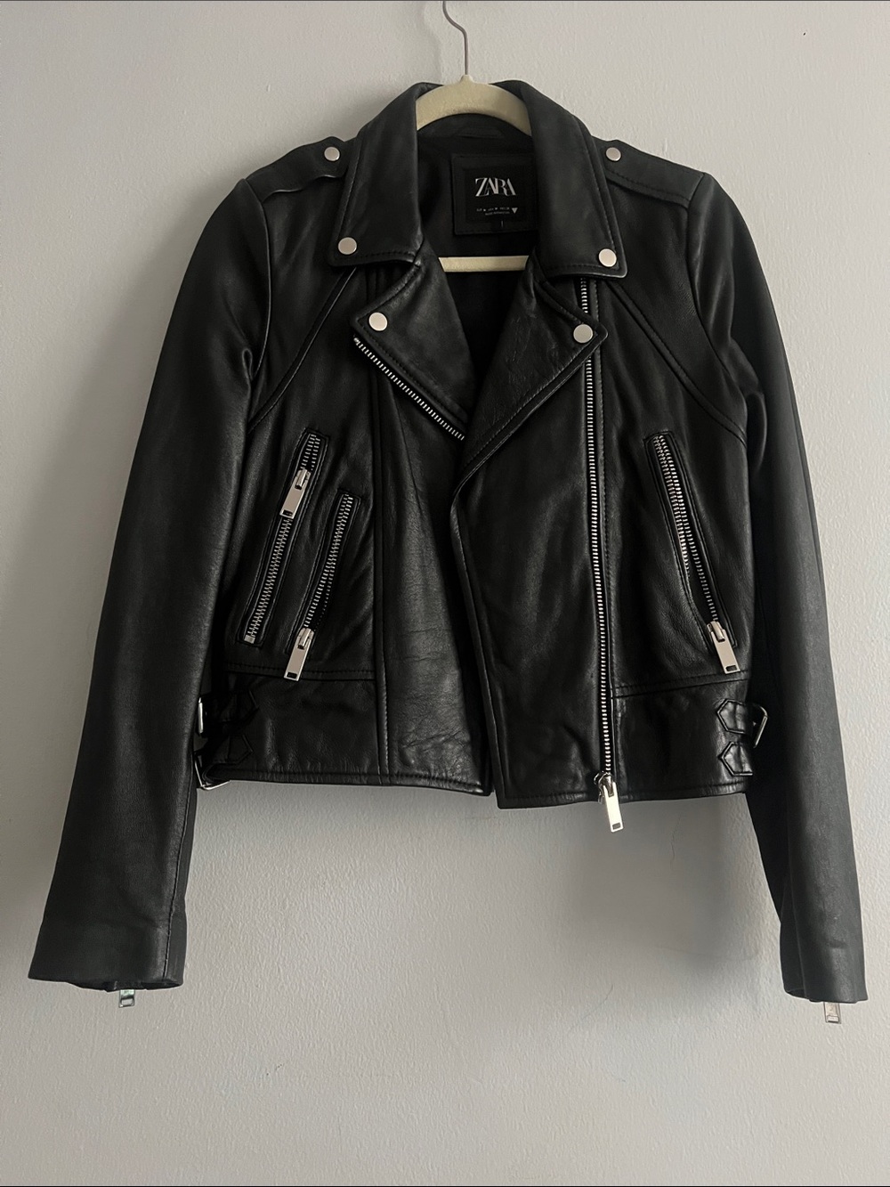 Zara Black Leather Biker Jacket with Silver Hardware size M